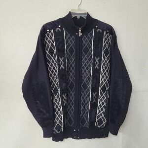 SilverSilk Mens Knit Cardigan‎ Black Diamond Pattern Full Zip Pocket Sweater XXL